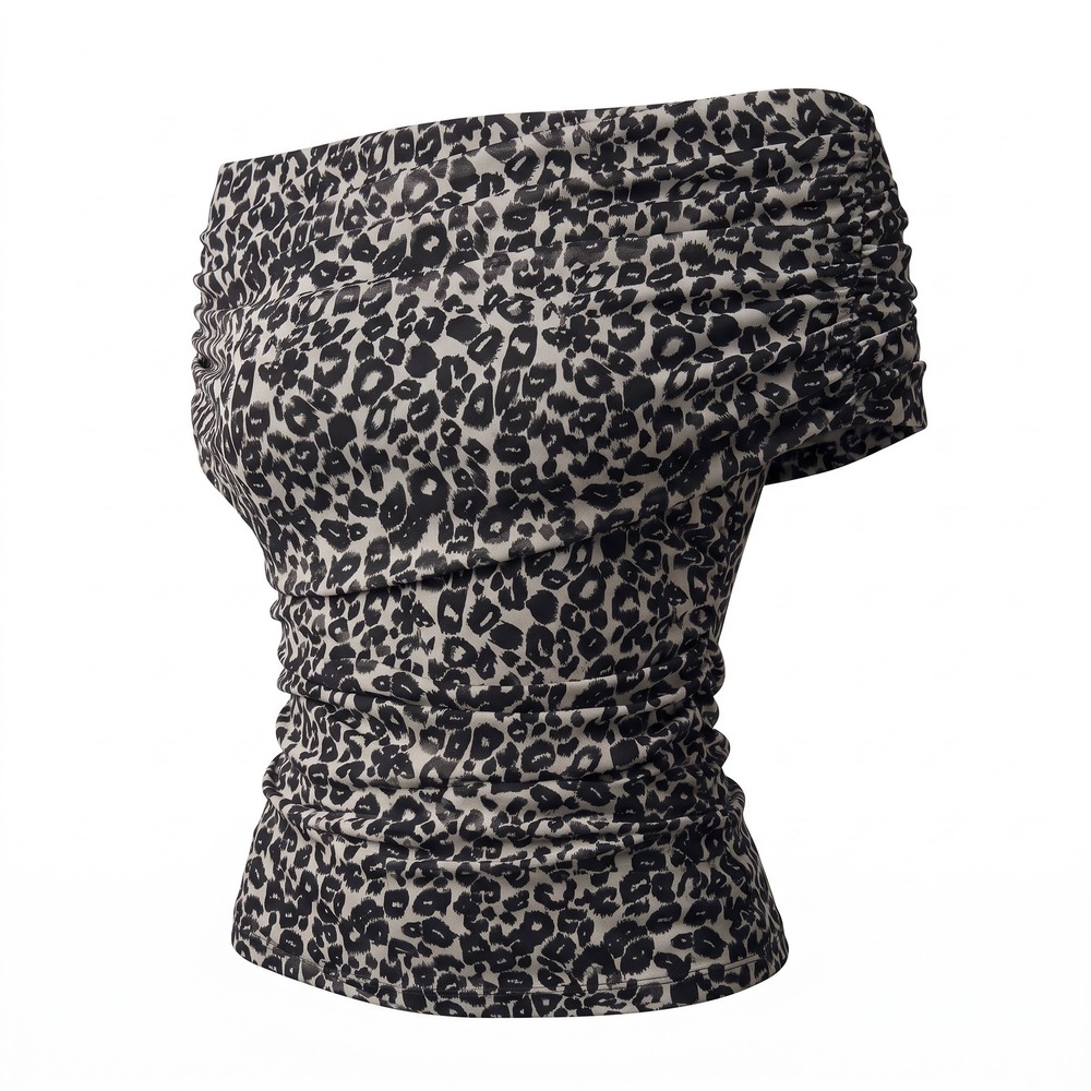 Maeve Leopard Print Ruched Mesh Off-The-Shoulder Top XL Black White Mob Wife